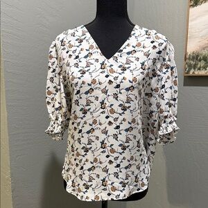 Ann Taylor Factory Floral V-Neck Blouse - White and Blue